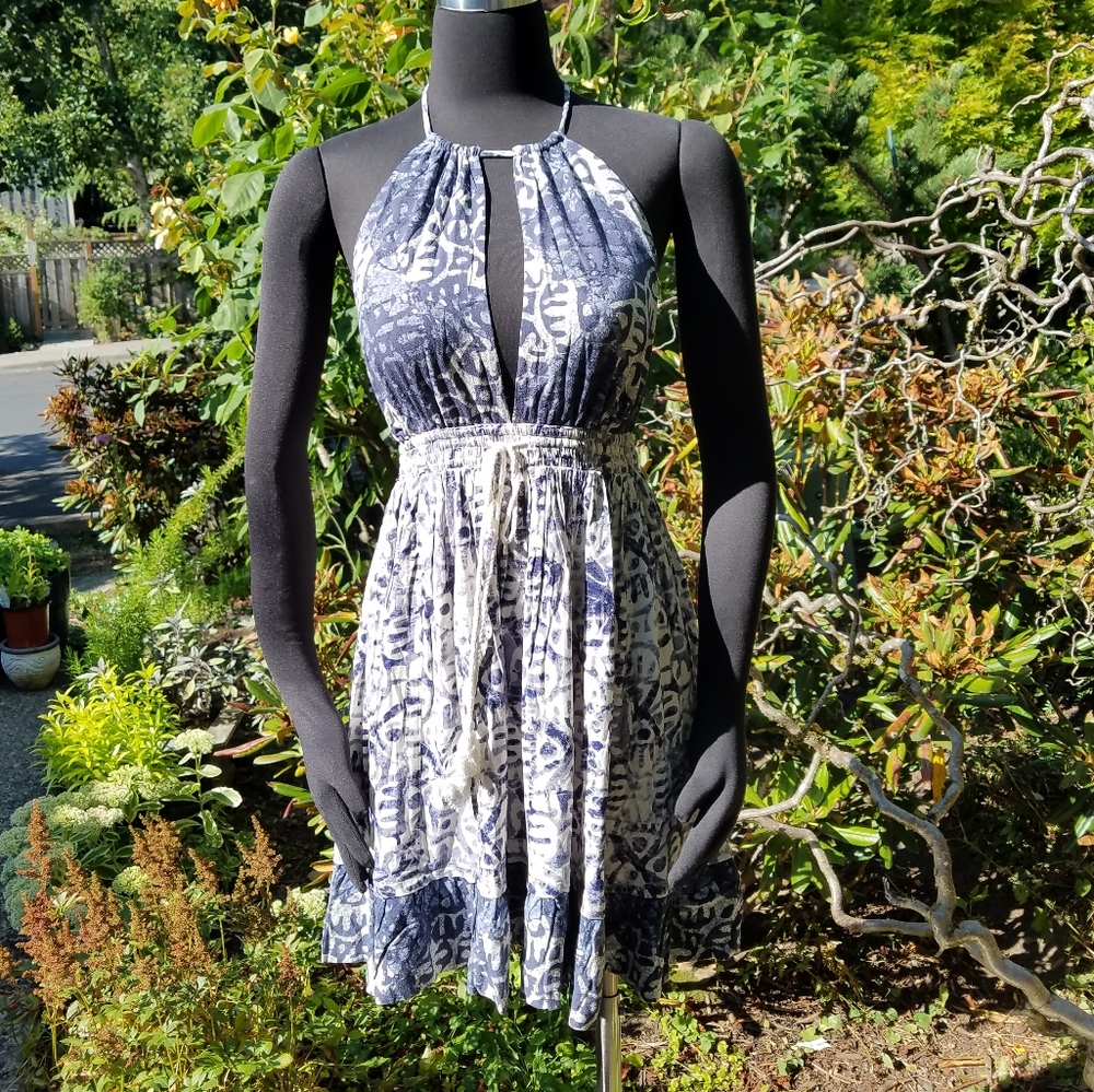 Free People Beach Day Mini Dress Halter Neck Blue Tribal Print Sz Sm Md & Lg NWT - Picture 2 of 16